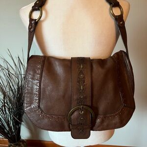 Elegant Brown Leather Shoulder Bag brass hardware studded big buckle